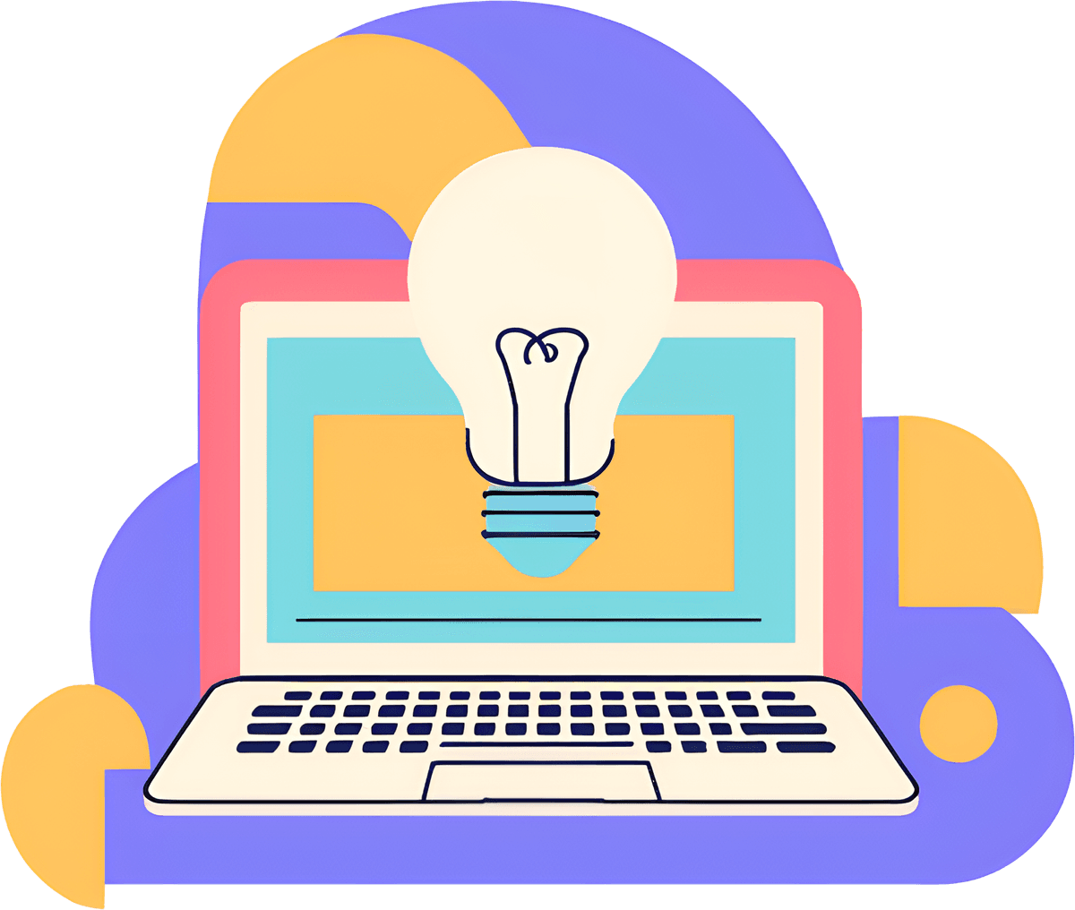 A colorful laptop with a glowing lightbulb