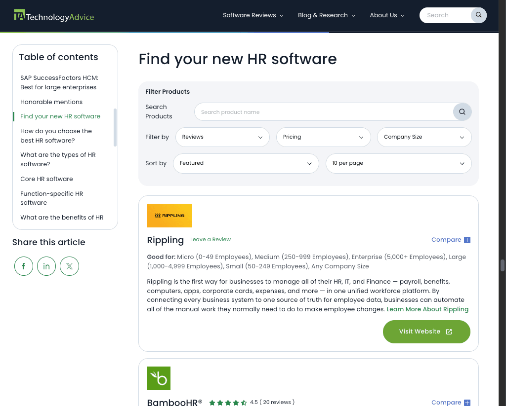 technologyadvice.com product selection list filters